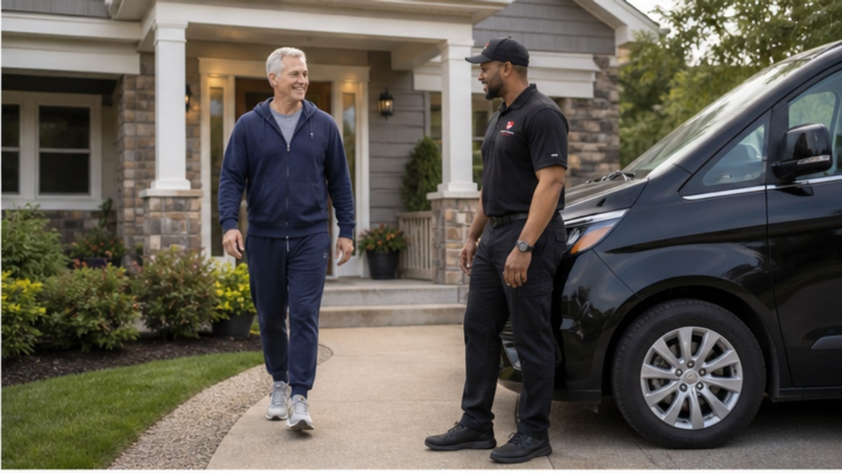 Ambulatory patient walking from home toward a transportation van
