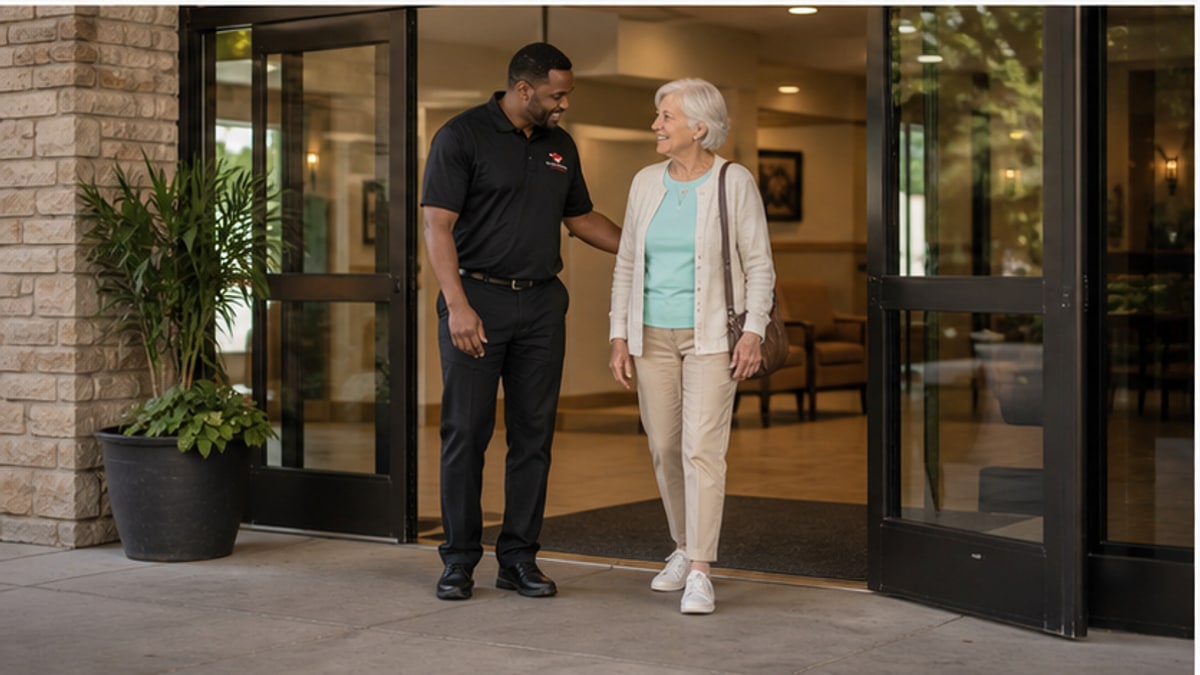 Driver escorting an ambulatory patient through a medical building doorway