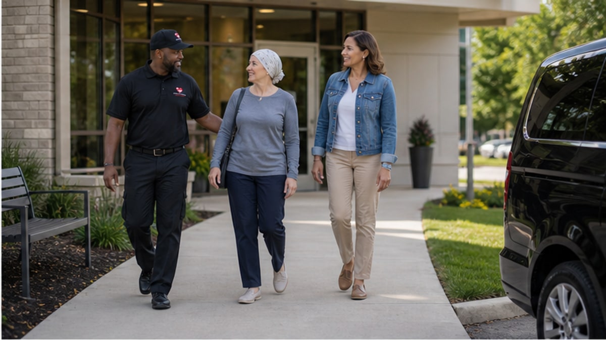 Cancer patient and caregiver walking with transportation driver toward treatment center
