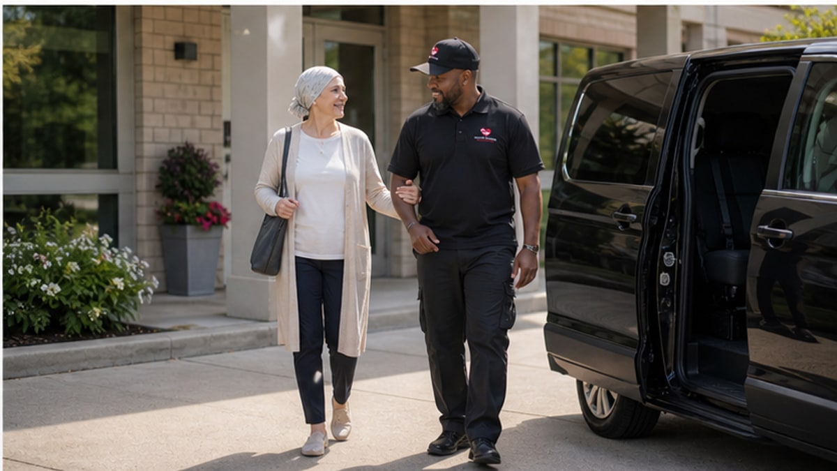 Driver escorting oncology patient from van toward cancer center entrance