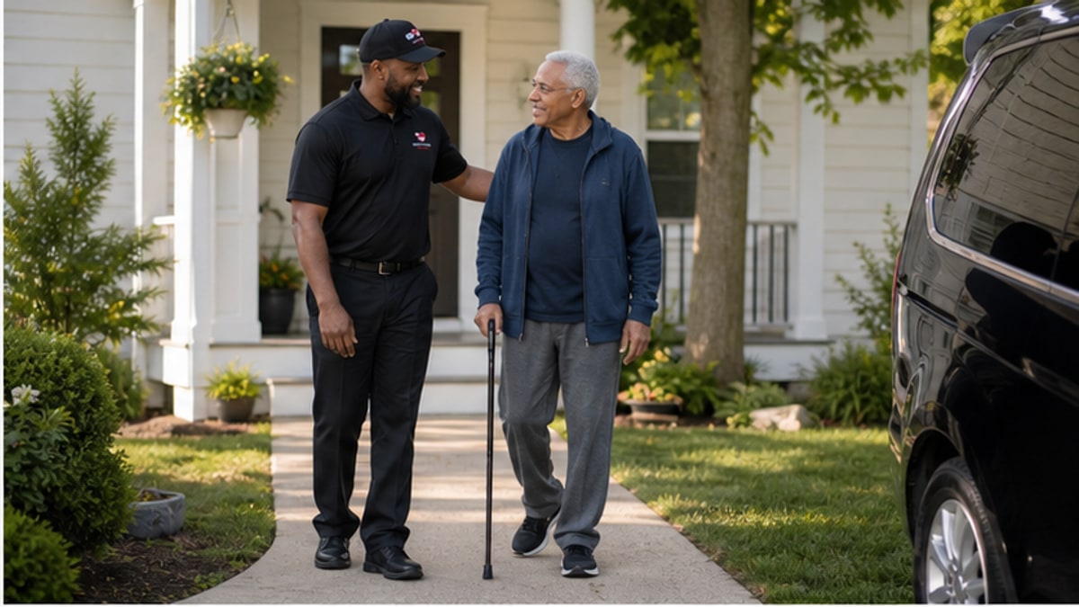 Driver greeting dialysis patient at home before a standing appointment