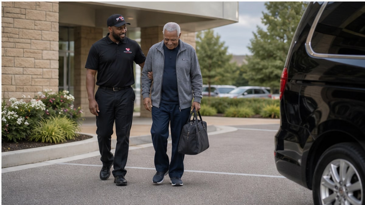 Driver gently helping dialysis patient walk from clinic toward transportation van