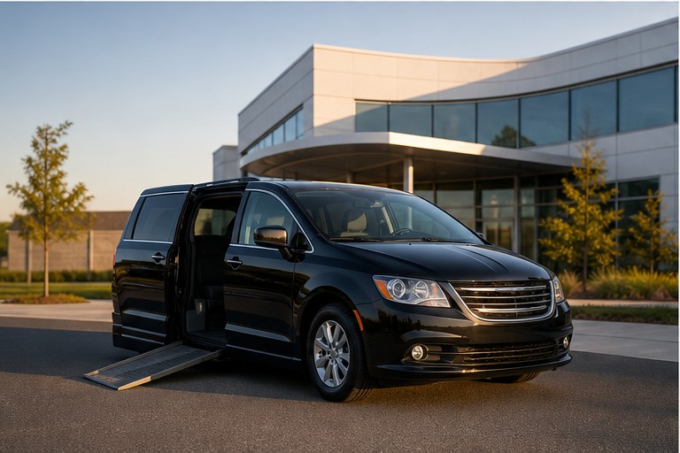 Accessible non-emergency transportation vehicle outside a diagnostic imaging facility
