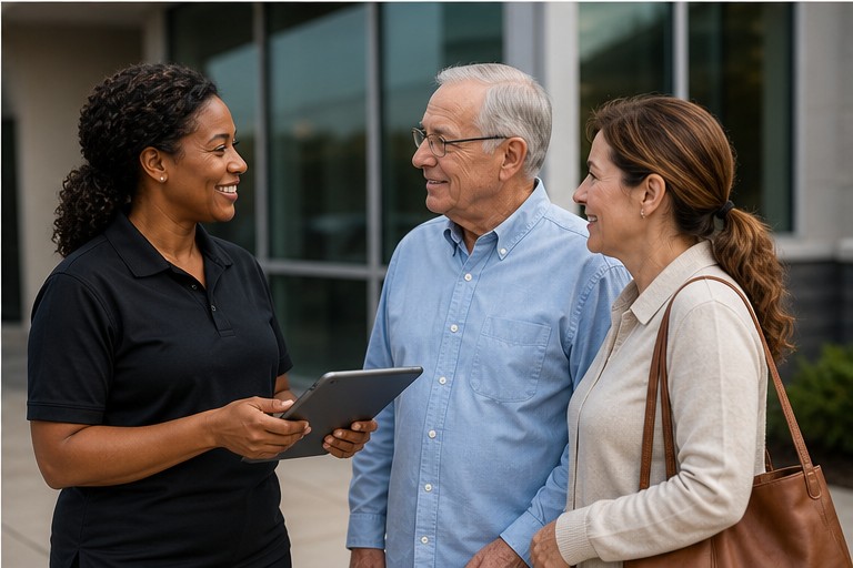 Transportation coordinator speaking with a diagnostic patient and caregiver