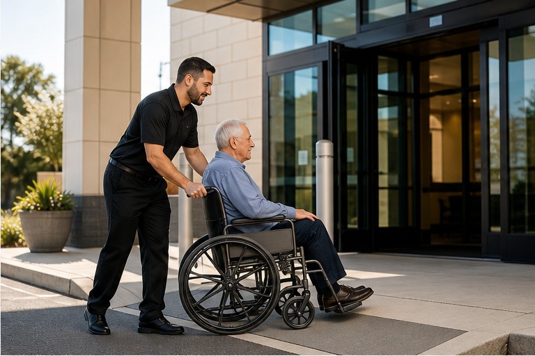 Professional driver assisting a patient in a wheelchair at a diagnostic clinic