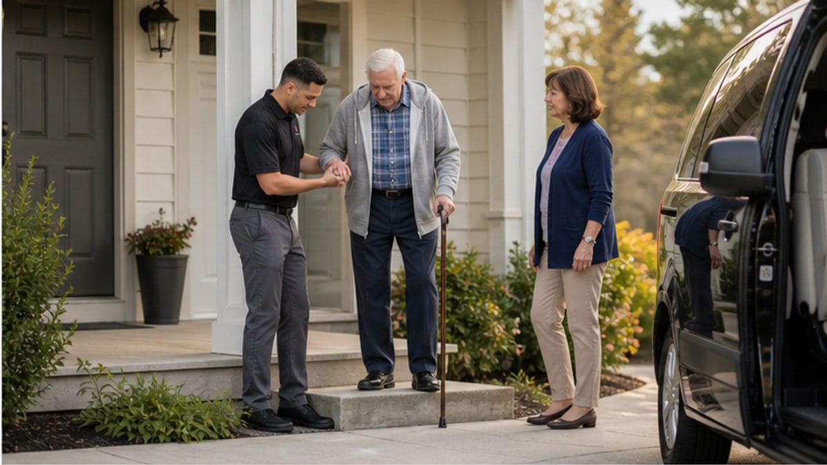Driver helping a senior passenger with a cane safely leave home