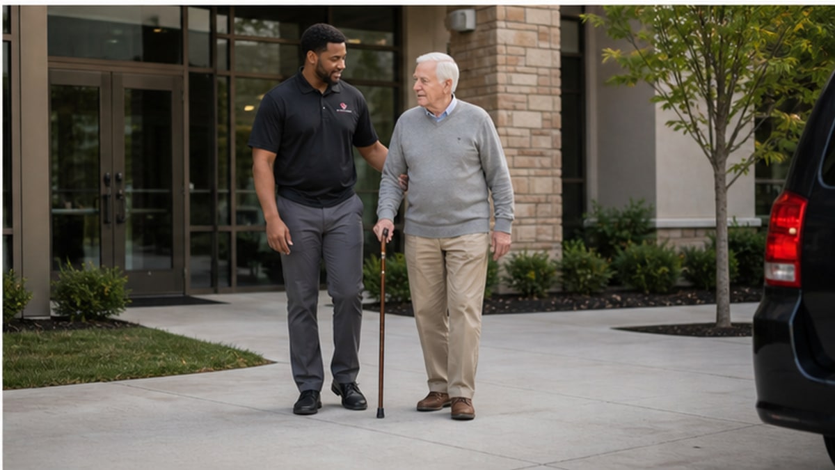 Transportation assistant walking beside a senior passenger at a medical office entrance