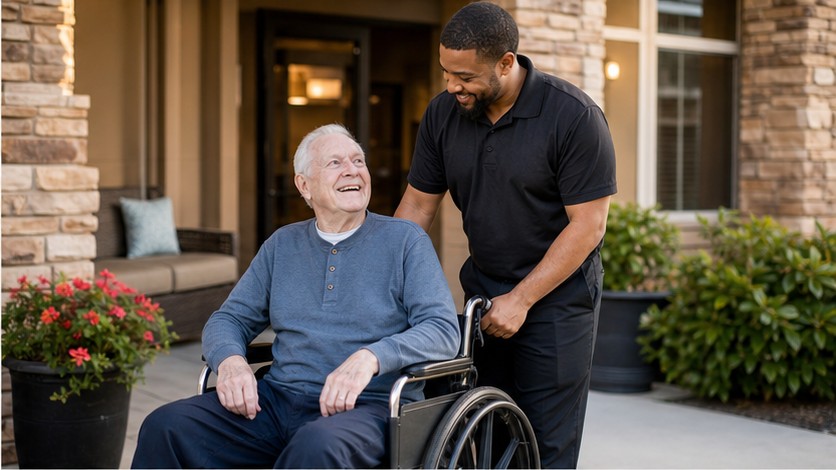 Caring driver assisting a nursing home resident in a wheelchair