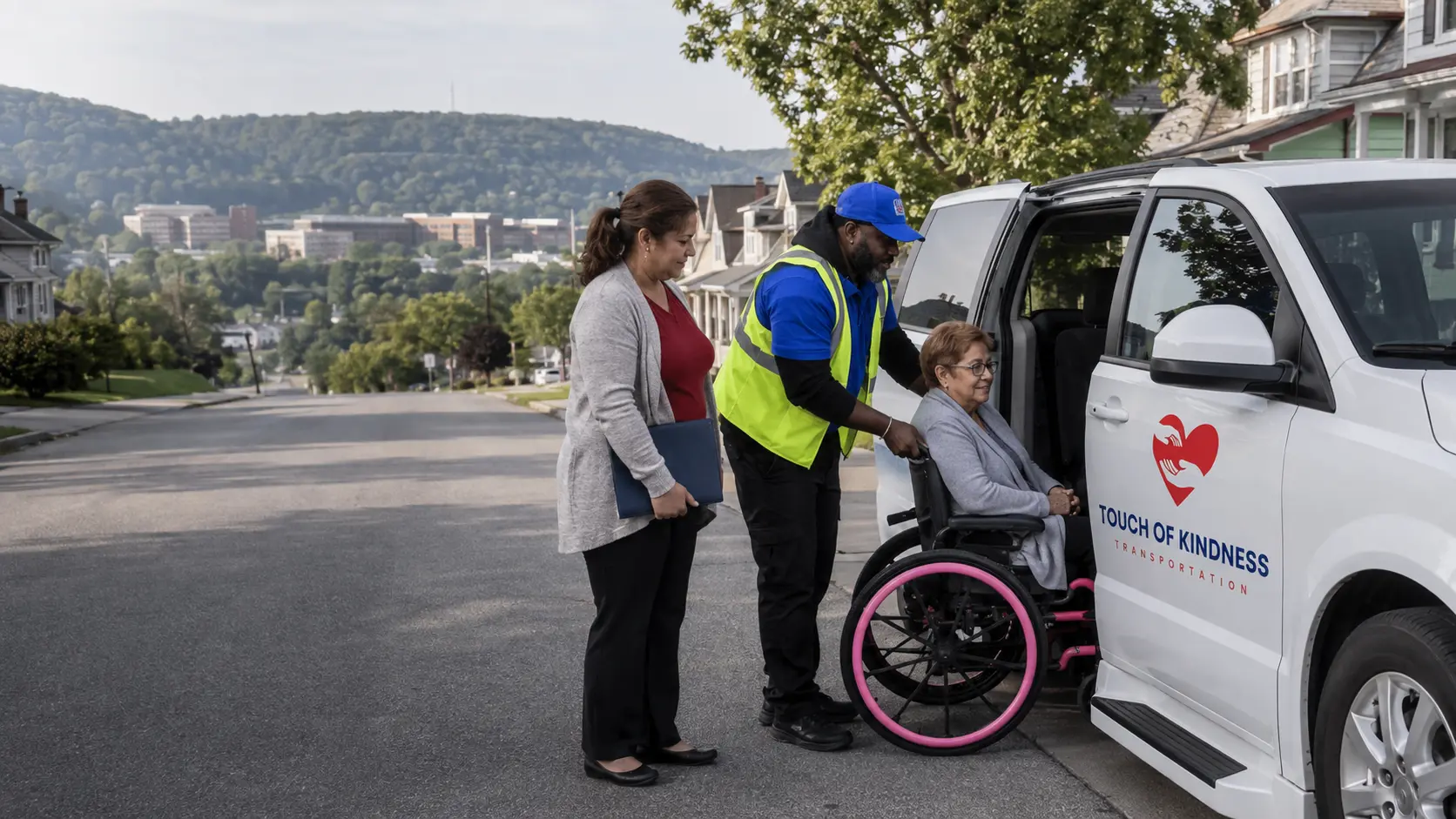 Touch of Kindness accessible transportation van traveling from West Pittston toward a medical campus