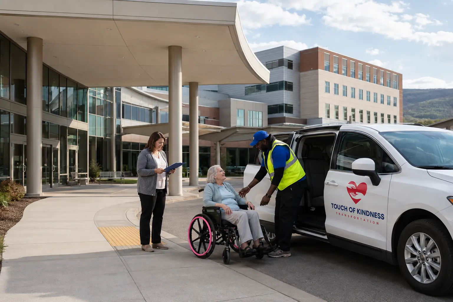 Accessible medical transportation van arriving at a Pennsylvania medical campus