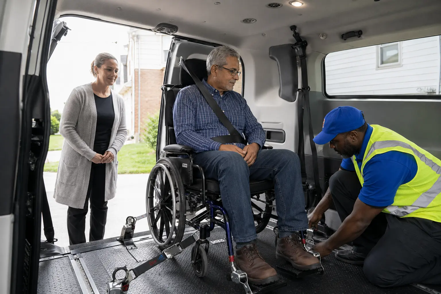 Driver checking a wheelchair passenger securement system inside an accessible NEMT van