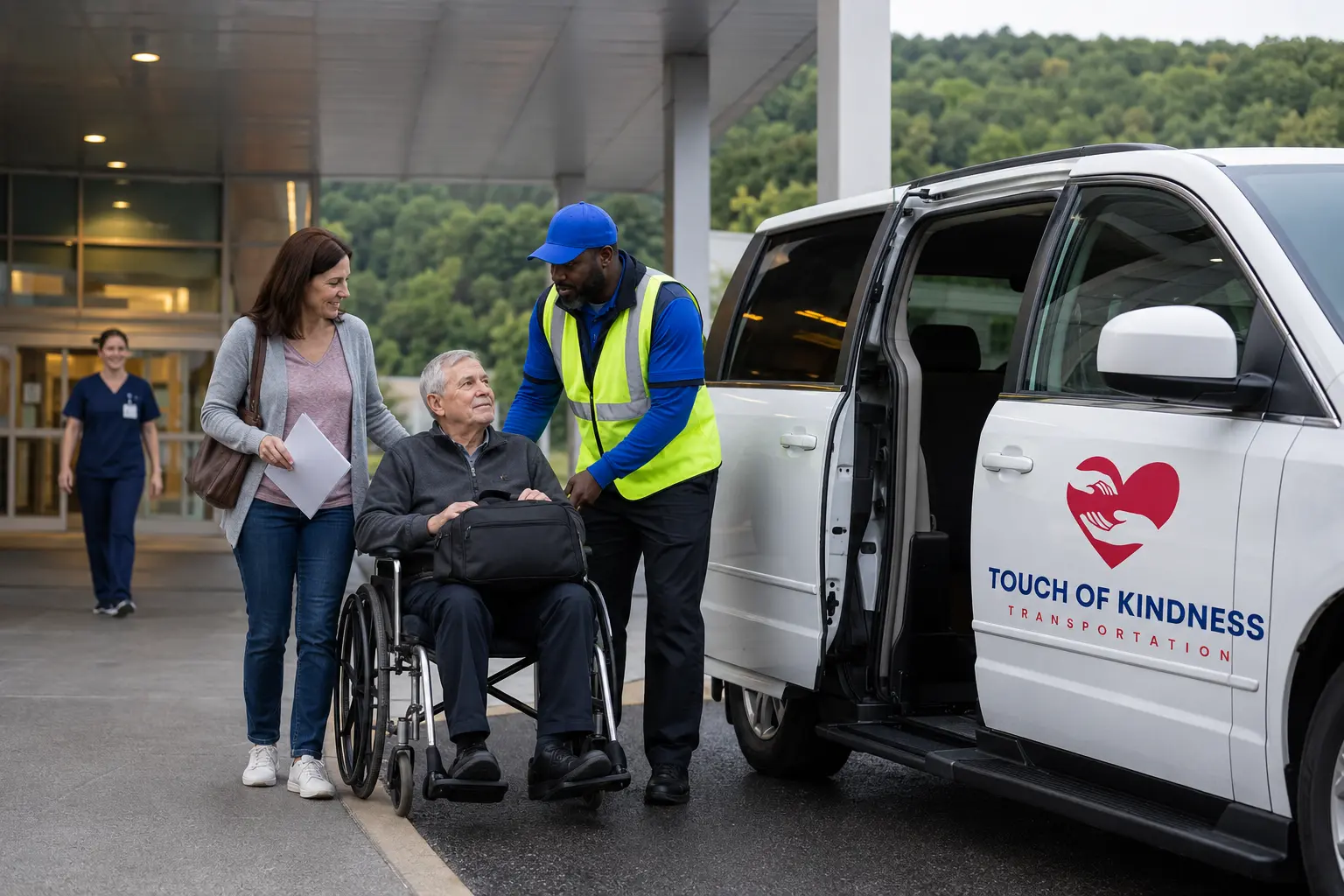 Touch of Kindness driver preparing a non-emergency hospital discharge pickup in Wilkes-Barre