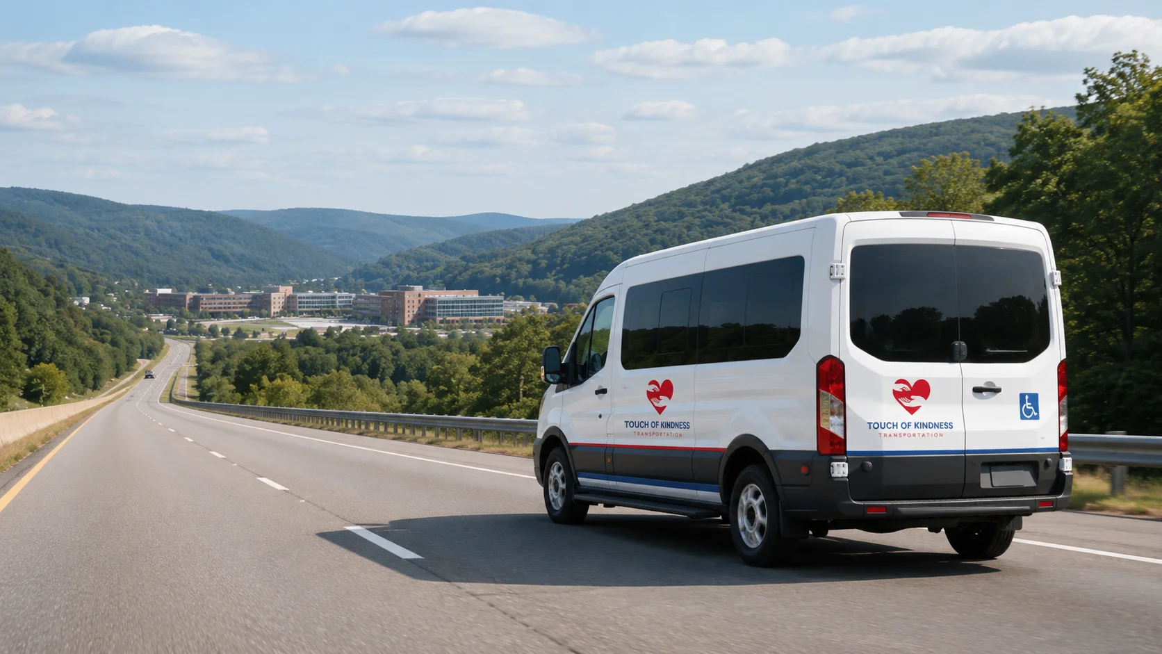 Accessible NEMT van traveling toward a medical campus in Pennsylvania