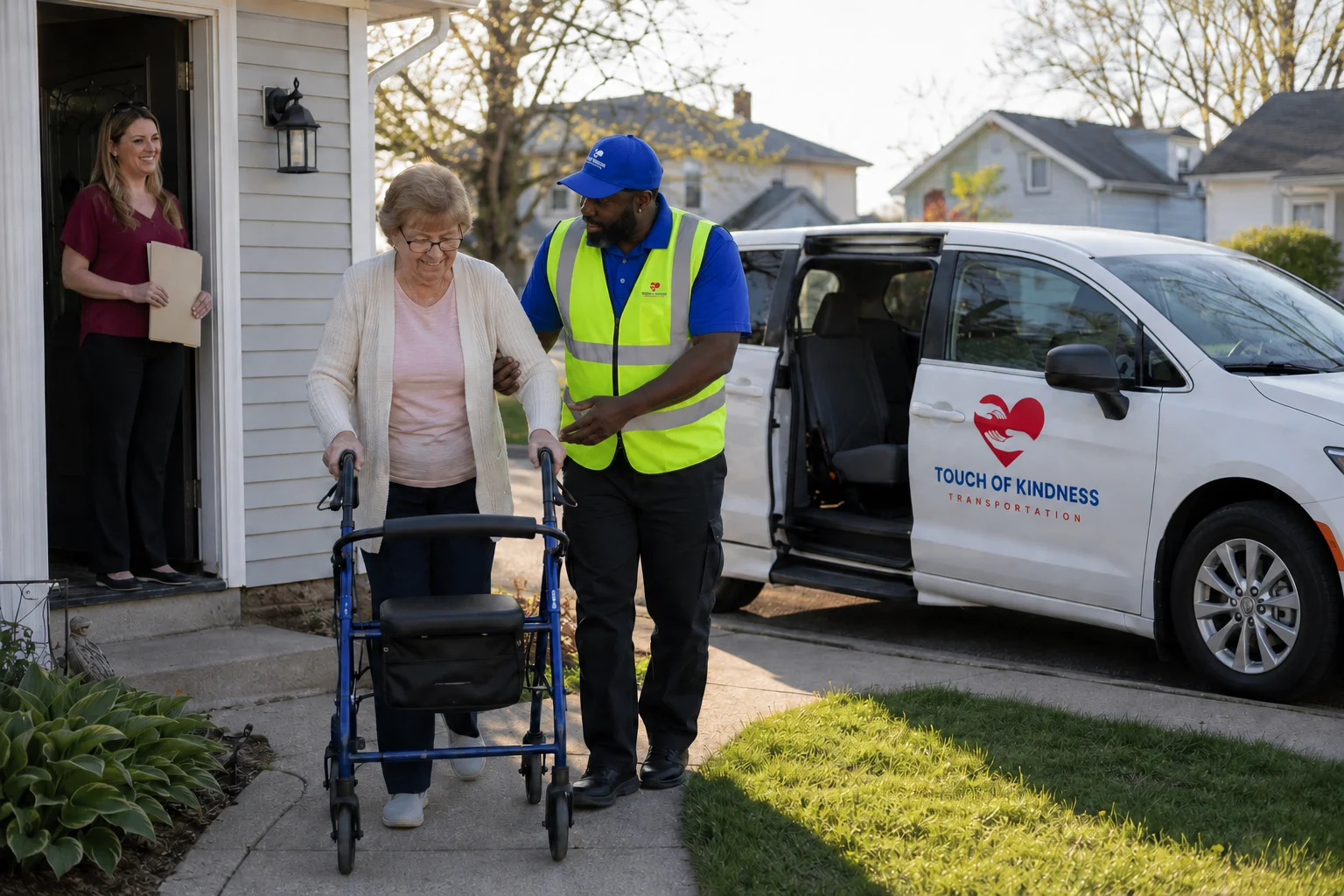 NEMT driver providing door-to-door assistance to a senior passenger using a walker
