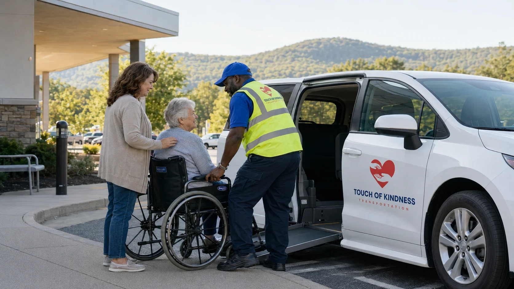 Wheelchair-accessible NEMT van arriving for a medical trip in Pennsylvania