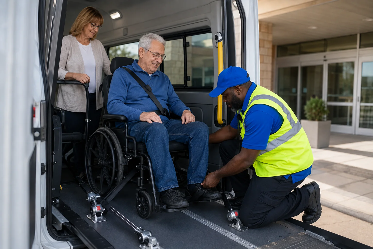 Wheelchair passenger secured inside an accessible NEMT van for safe transportation